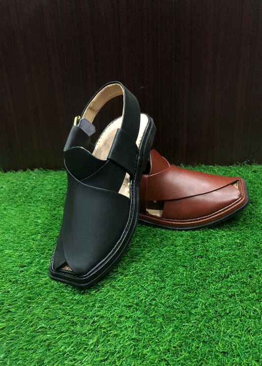 "Traditional brown leather Peshawari chappal with a sturdy sole."