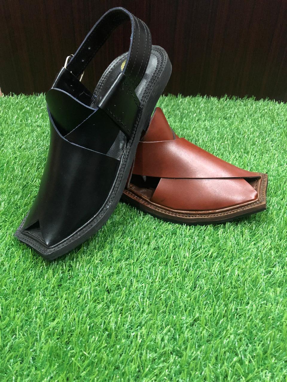 "Authentic Peshawari chappal crafted from pure leather, featuring a cross-strap design and comfortable fit."